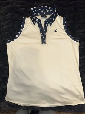 Belyn key Sleeveless Polo Top with Navy Floral Trim - White